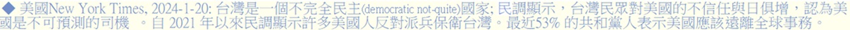 ����New York Times, 2024-1-20: �x�W�O�@�Ӥ��������D(democratic not-quite)��a; ������ܡA�x�W��������ꪺ���H���P��ѼW�A�{������O���i�w�����q�� 